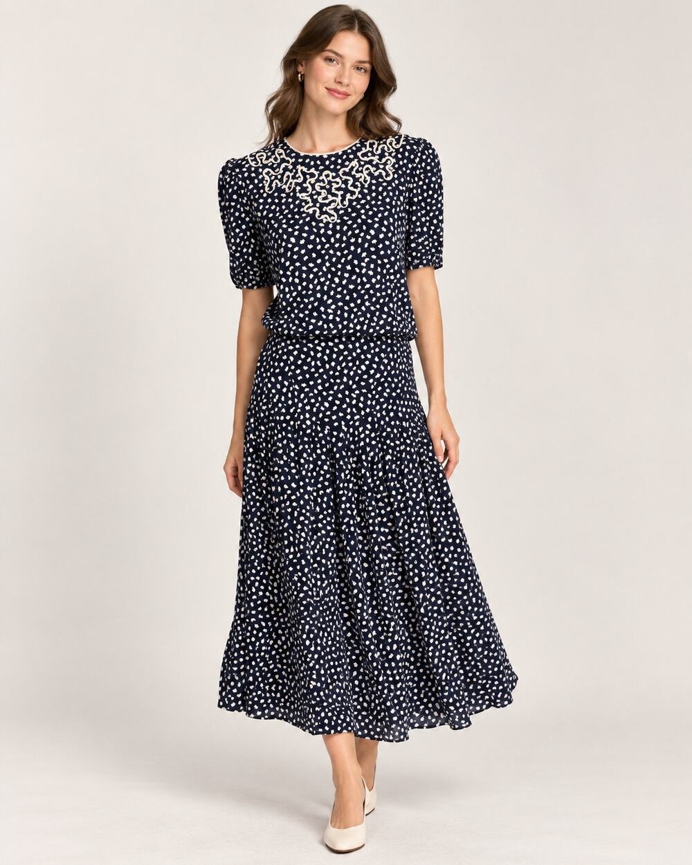 Vtg Lisa II Navy White Midi Dress Puff Sleeve Romantic Granny Chic Academia 80s